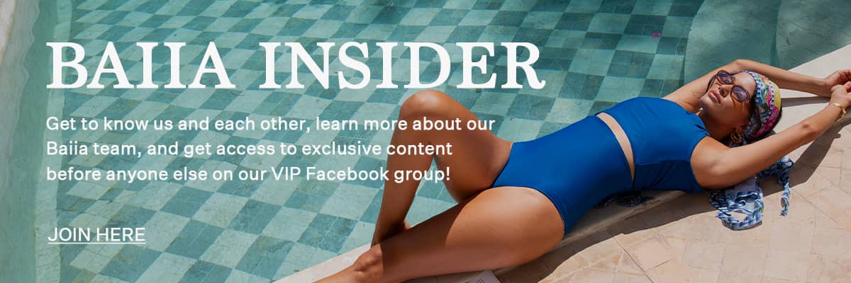 A medium shot shows a woman in a blue swimsuit lying by a pool with a checkered bottom, with the text 'BAIIA INSIDER' in large white letters across th...