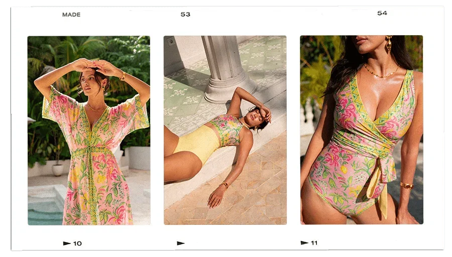 Three medium shots of women modeling swimwear, with the text 'MADE', '53', and '54' visible above the images, and '10' and '11' visible below the left...
