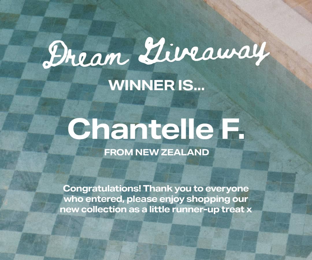 A medium shot displays text announcing 'Dream Giveaway WINNER IS... Chantelle F. FROM NEW ZEALAND' with smaller text below reading 'Congratulations! T...