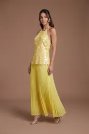 Halter Neck Sequin Pleated Midi Dress