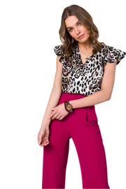 Printed Satin V Neck Ruffle Sleeve Blouse Style 177182
