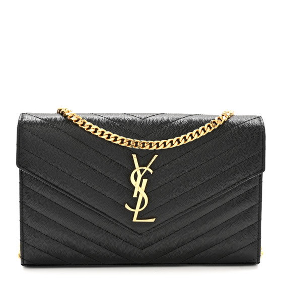 SAINT LAURENT Grain De Poudre Matelasse Chevron Monogram Chain Wallet Black