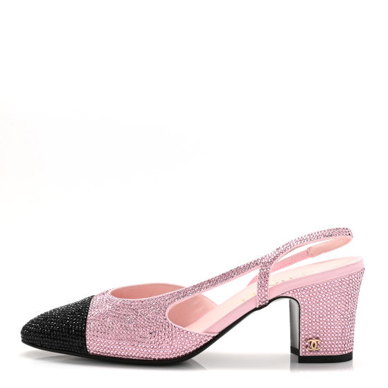 CHANEL Strass Cap Toe CC Slingback Pumps 39 Pink Black