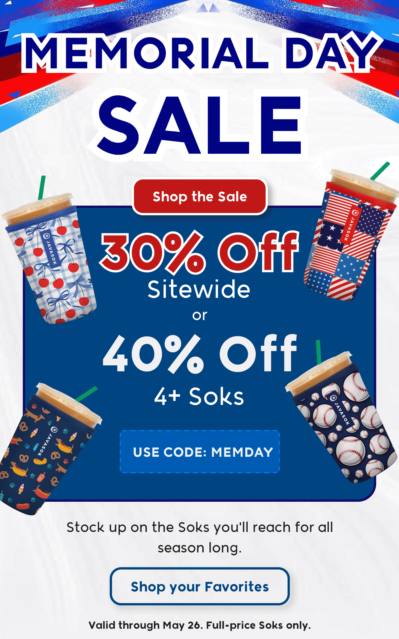 Iced coffee in patriotic Sok sleeve with summer sale offer