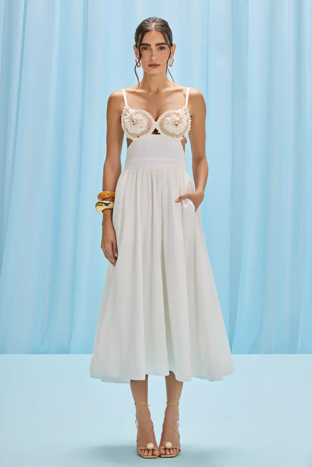 Image of  Seaweed Shell Embroidered Midi Dress - Off White