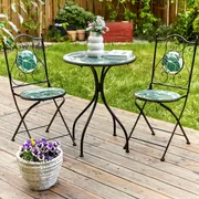 Set of 2 Black Folding Metal Garden Chairs Green Ceramic Mosaic Tiles