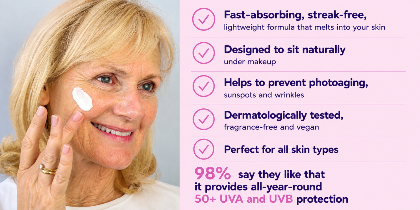Provides all-year-round 50+ UVA and UVB protection Hyaluronic acid and aloe vera provide intense hydration Helps to prevent photoaging, sunspots and wrinkles Sits perfectly under makeup