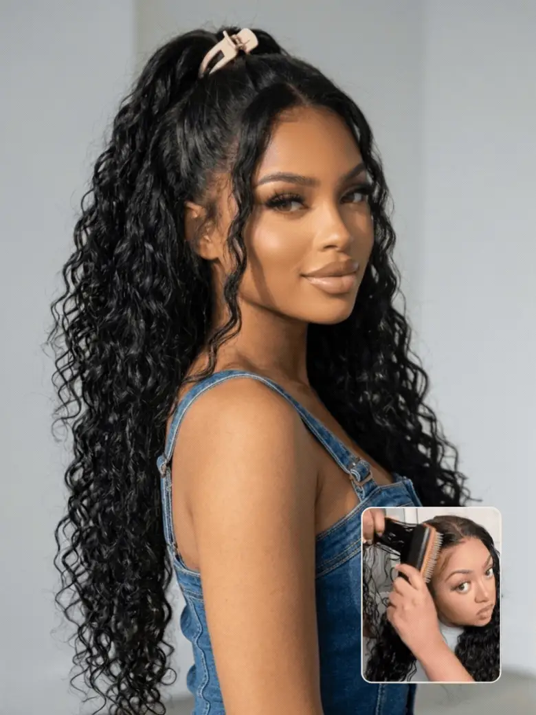 [18''=$119]Sunber 13x6 Pre Cut 180% Density Wet And Wavy Water Wave Natural Black Lace Frontal Wig With Invisi Drawstring Flash Sale