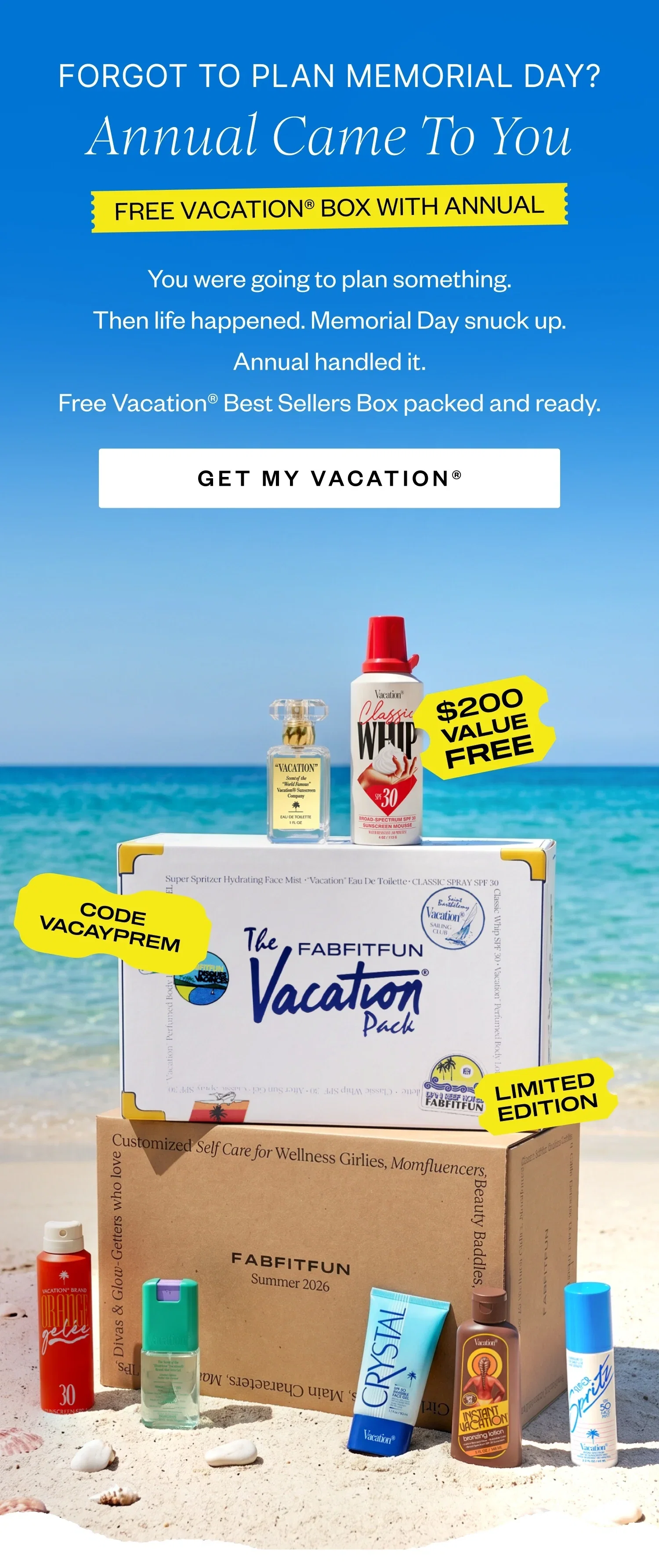 FORGOT TO PLAN MEMORIAL DAY? Annual Came To You | FREE VACATION® BOX WITH ANNUAL | You were going to plan something. Then life happened. Memorial Day snuck up. Annual handled it. Free Vacation® Best Sellers Box packed and ready. | GET MY VACATION®