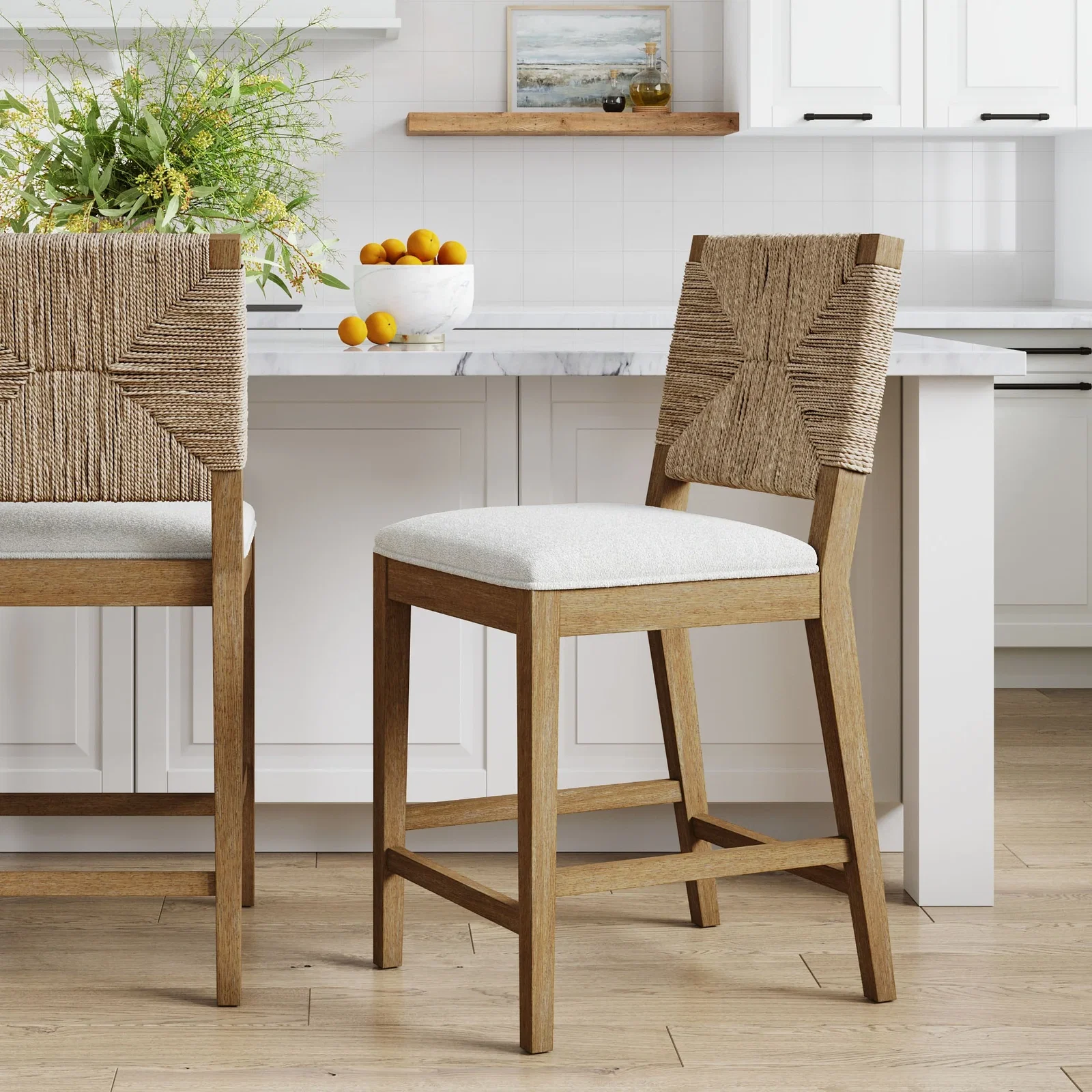 Image of Boucle & Seagrass Counter Height Bar Stool Light Brown
