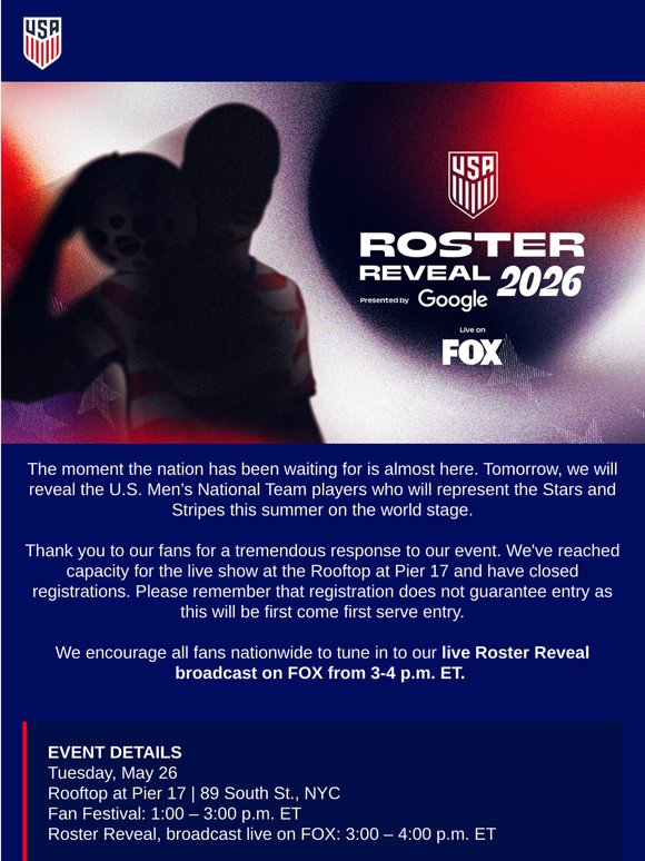TOMORROW: Tune in for Roster Reveal 2026 presented by Google
