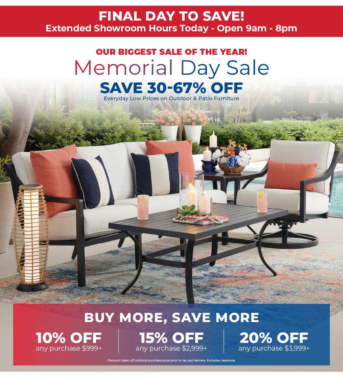 Memorial Day Sale - save 30-67% off patio furniture 