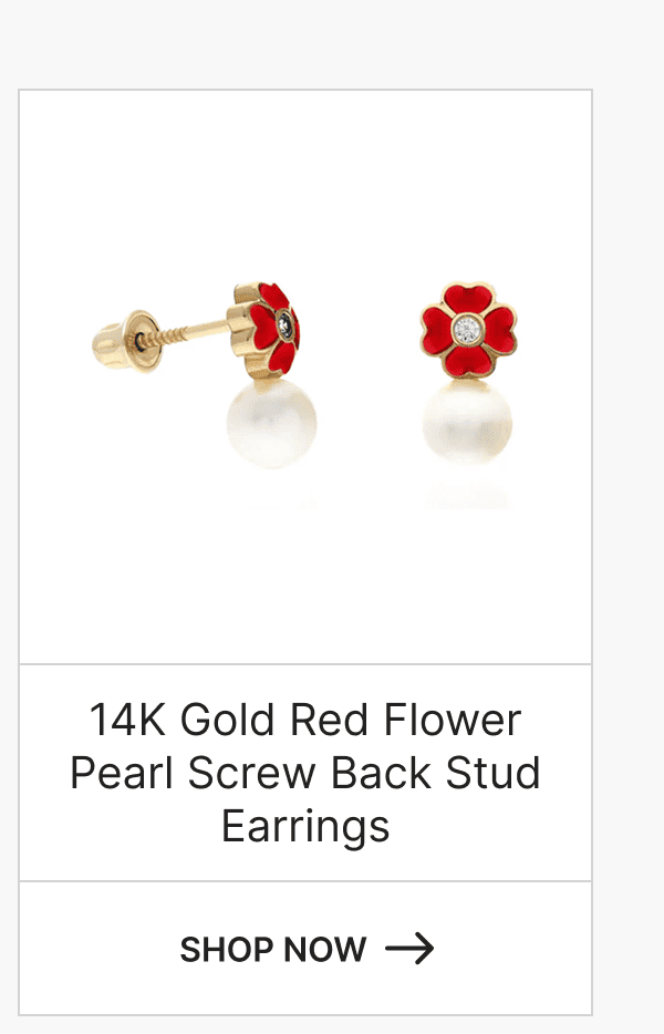 14K Gold Red Flower Pearl Screw Back Stud Earrings