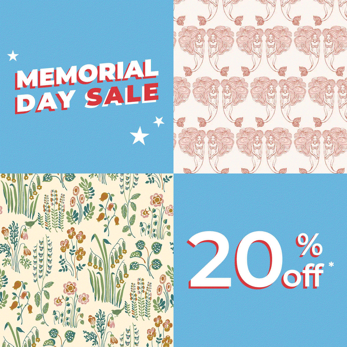 Gif image with four boxes showing Tempaper wallpaper and text "Memorial Day Sale. 20% off* 