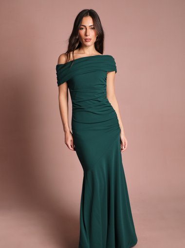 Pleated One Shoulder Bardot Fit And Flare Maxi Dress