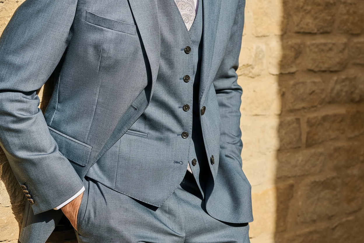 A person in a grey suit with hands in pockets leans against a stone wall.