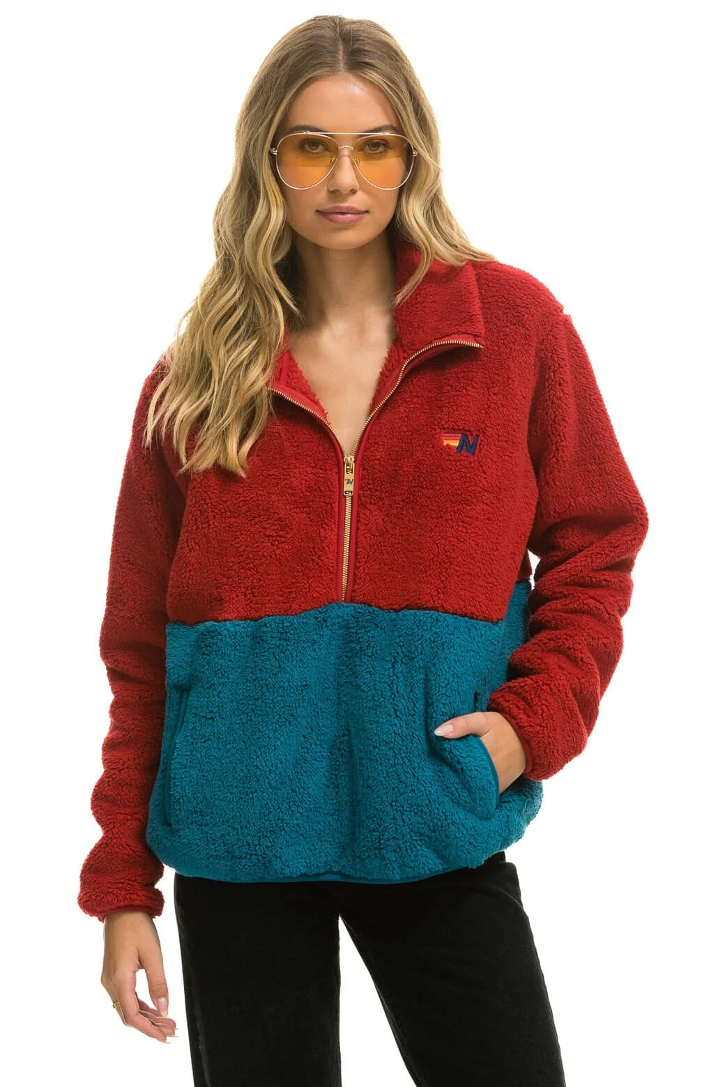 Image of TEDDY UNISEX HALF ZIP COLOR BLOCK JACKET - CHERRY