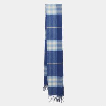 Blue Checked Cashmere Fringed 