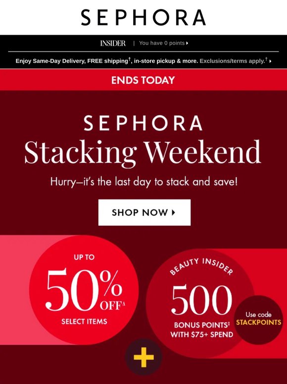 LAST CHANCE 🥺 Get up to 50% off select beauty—plus earn 500 bonus points with $75 min. spend.