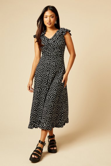 Petite Mono Frill Neck Ruched Front Jersey Midi Dress