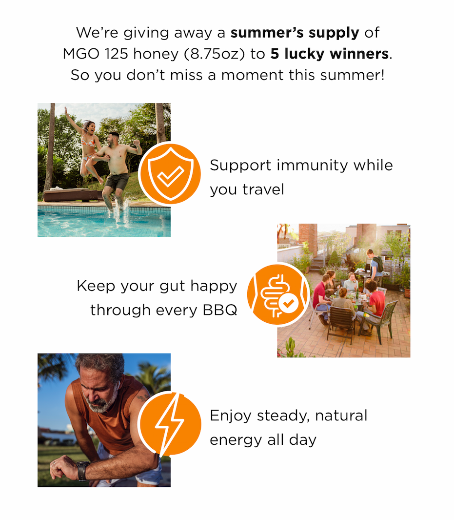 We’re giving away a summer’s supply of MGO 125 (8.75oz) to 5 lucky winners. So you don’t miss a moment this summer! Support immunity while you travel, keep your gut happy through every BBQ and enjoy steady, natural energy all day.