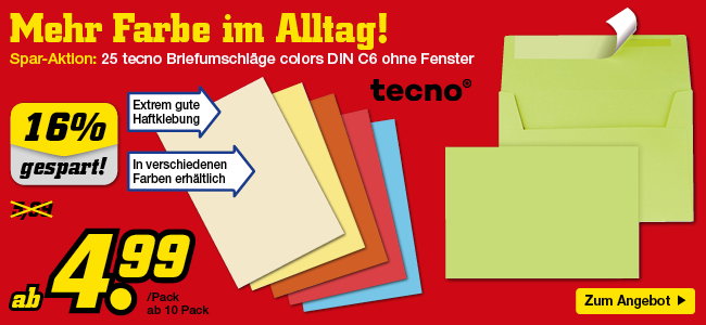 Spar-Aktion: 25 tecno Briefumschläge colors DIN C6 ohne Fenster