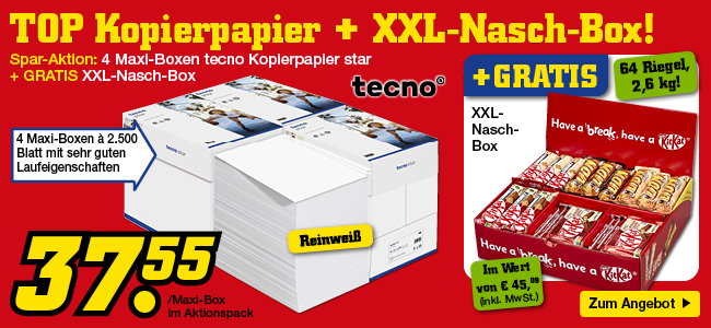 Spar-Aktion: 4 Maxi-Boxen Kopierpapier + gratis XXL-Nasch-Box