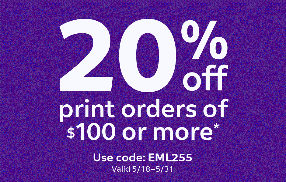 Image alternating between a purple banner with white text advertising 20% off print orders over $100 and a restaurant server taking orders from diners with a green Peppered wall sign in the background.