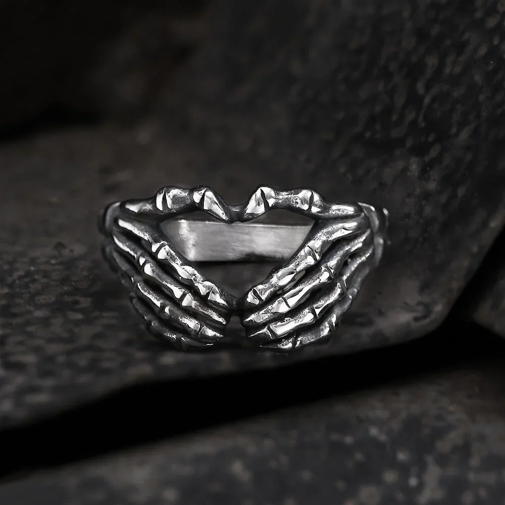 Image of Gothic Skull Hand Heart Shaped Stainless Steel Ring