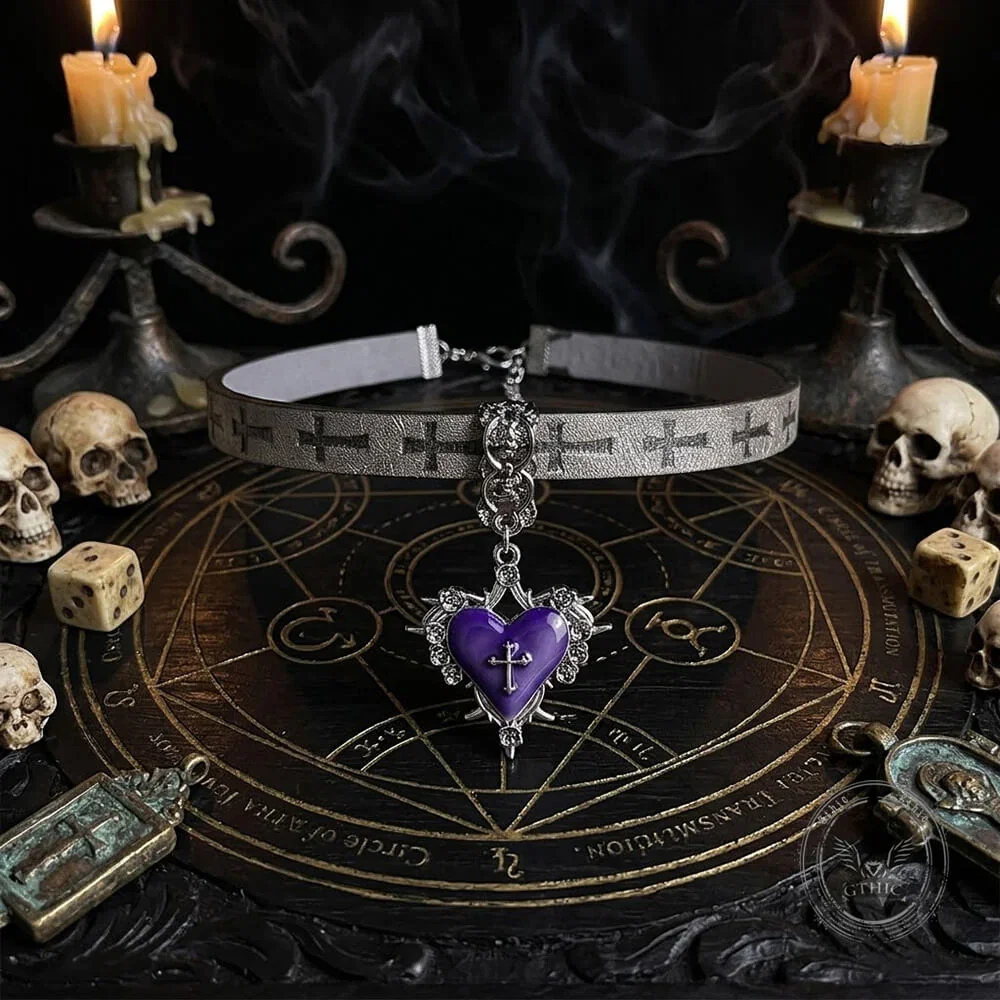 Image of Gothic Thorned Heart Cross PU Leather Choker Necklace