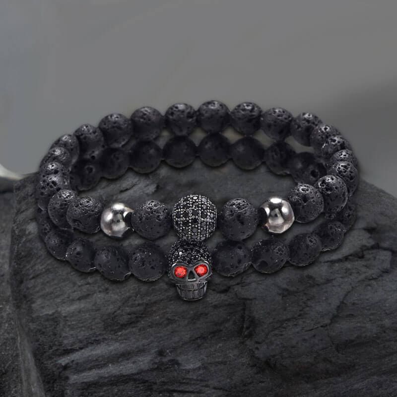 Image of Red Eye Skull Volcanic Rock Bracelet Set