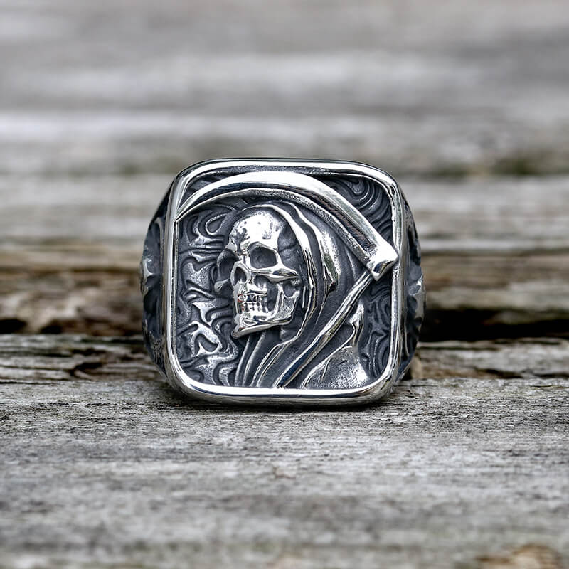 Image of Vintage Grim Reaper Skull Stainless Steel Square Ring