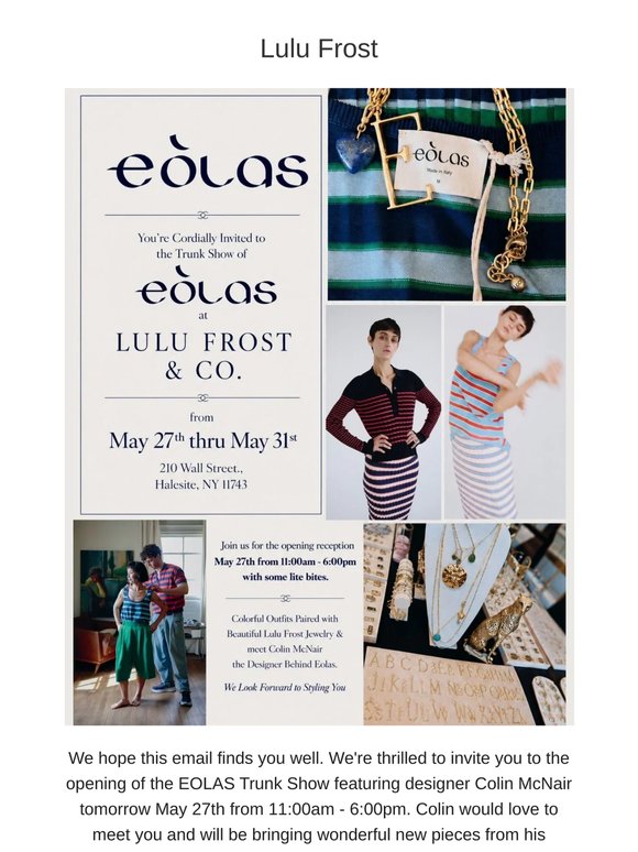 EOLAS TRUNK SHOW TOMORROW MAY 27TH