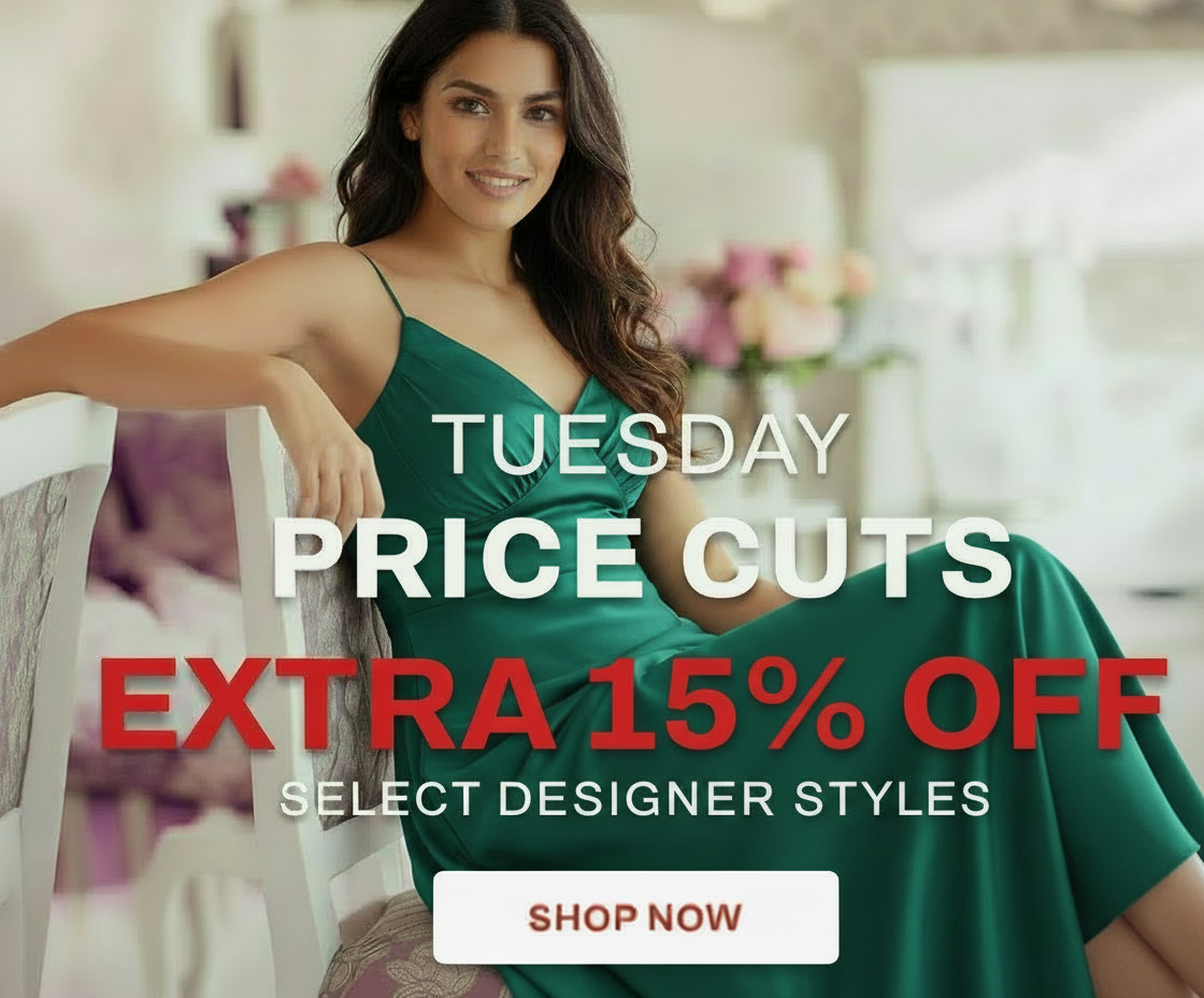 Woman in green dress with "Tuesday Price Cuts Extra 15% Off" text.