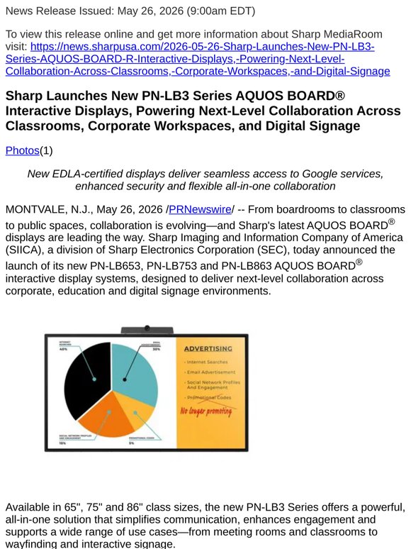 Sharp Launches New PN-LB3 Series AQUOS BOARD® Interactive Displays, Powering Next-Level Collaboration Across Classrooms, Corporate Workspaces, and Digital Signage