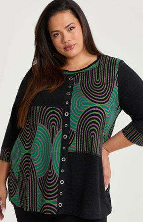 Jacquard Spliced Snug Tunic in Black/Green Print