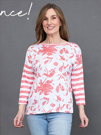 ¾ Sleeve Combo Print V-Neck Top