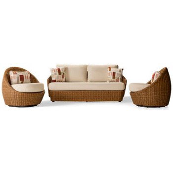 Double Point 3 Piece Lounge Set - Loveseat with Sloped Arms - 2 Round Swivel Chairs - Fade-Resistant Nuvella® Cushions - 4 Toss Pillows - All-Weather Woven Resin Wicker