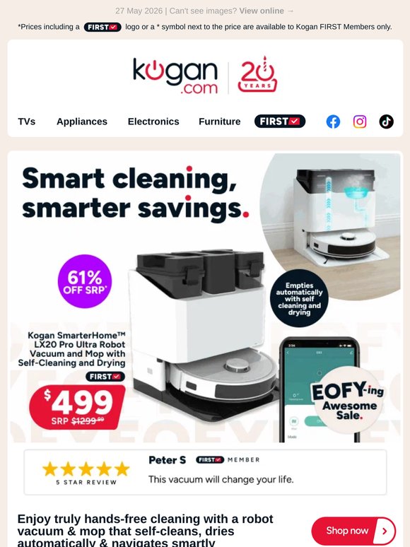 Kogan Ultra Self-Cleaning & Drying Robot Vac NOW $499 (61% OFF standard retail price)
