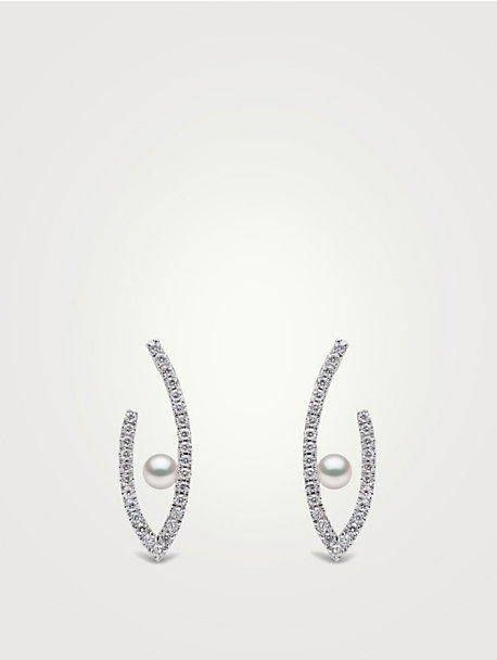 Sleek 18K Gold Floating Pearl and Diamond Earrings