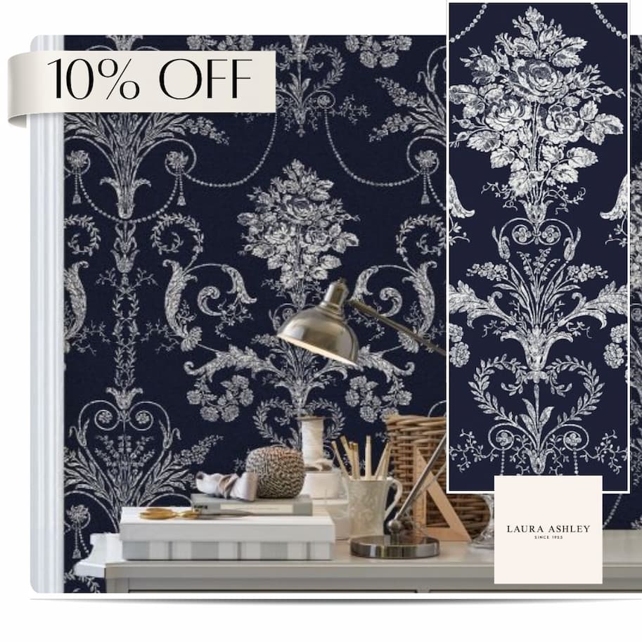 Laura Ashley Josette Damask Wallpaper Midnight 113386