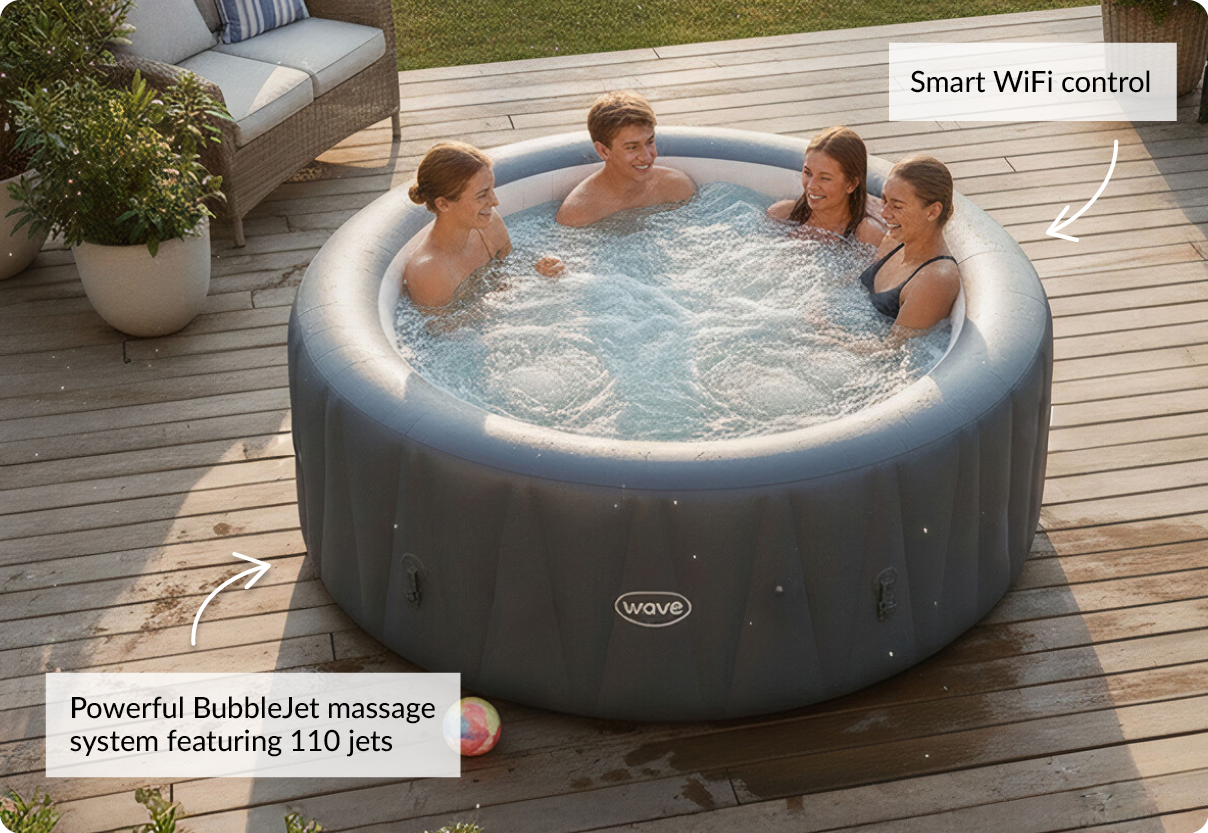 smart wifi control. Powerful Bubblejet massage system featuring 110 jets
