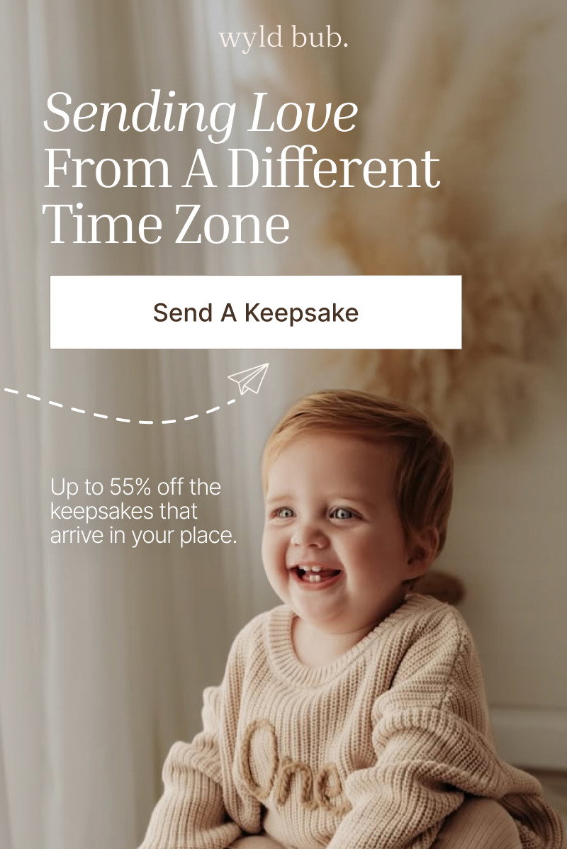 Cream header with white text reading Sending Love From A Different Time Zone above a white button on a soft neutral background.