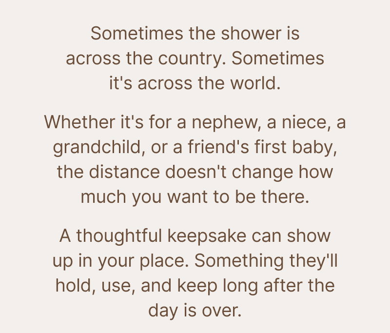 Centered brown text describing sending meaningful gifts across countries, long distances, and different time zones.