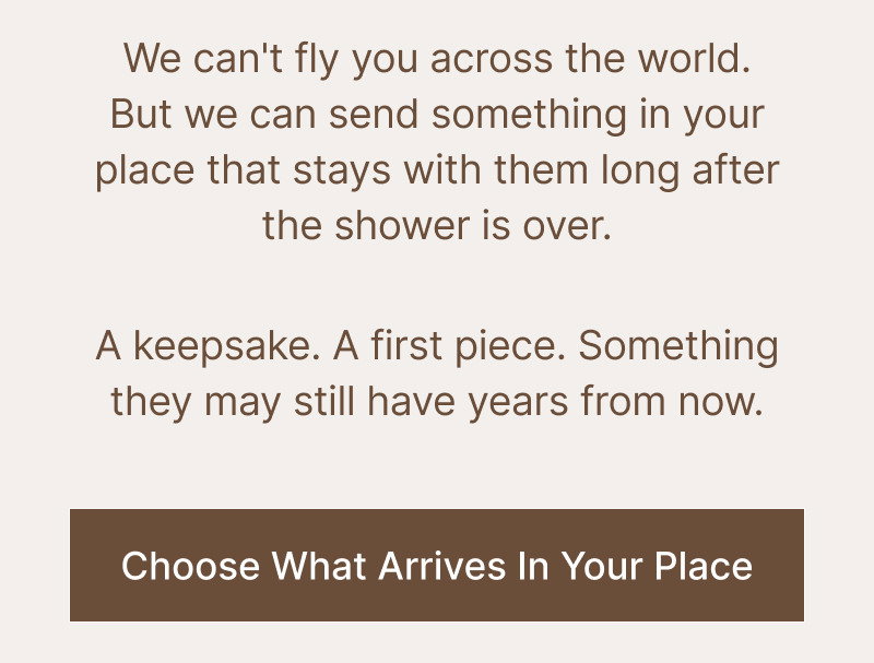 Brown text section with star rating and customer quote above an image of a baby wearing a brown knit hat while being held.