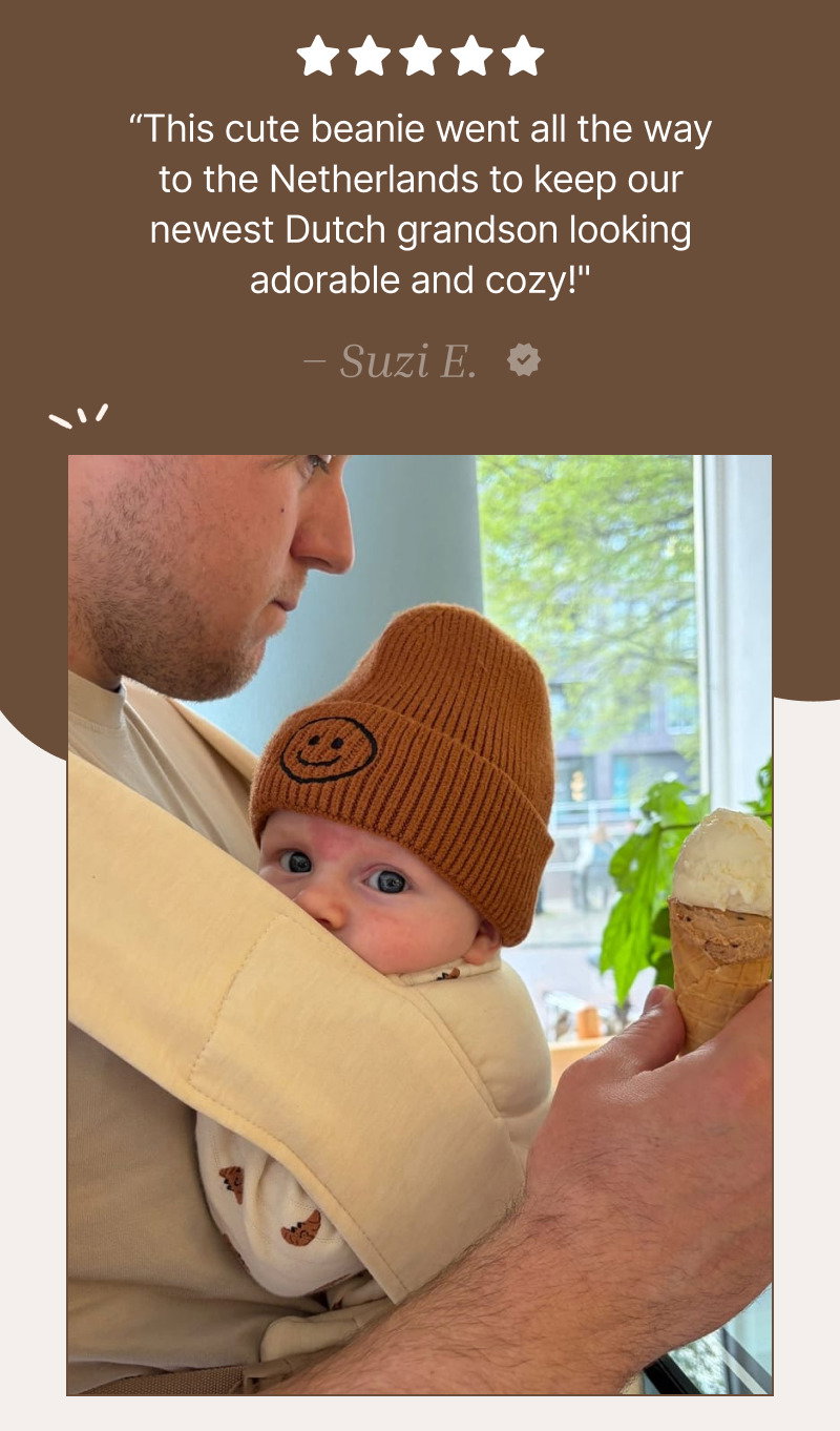 Brown text section with star rating and customer quote above an image of a baby wearing a brown knit hat while being held.