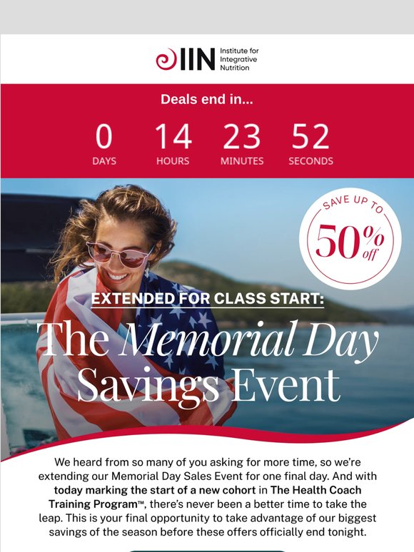 Extended One Final Day: Memorial Day Savings End Tonight