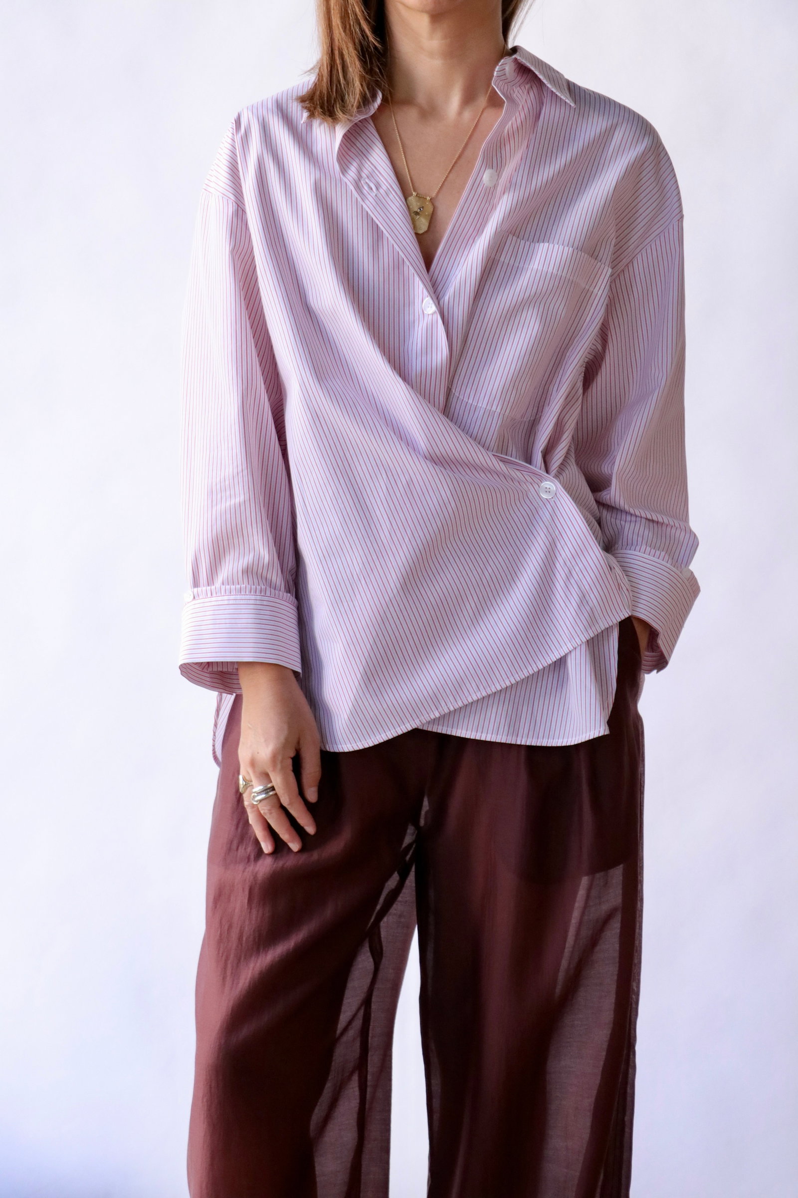 TWP Newest Earl Shirt in Cotton Stripes in White/Red