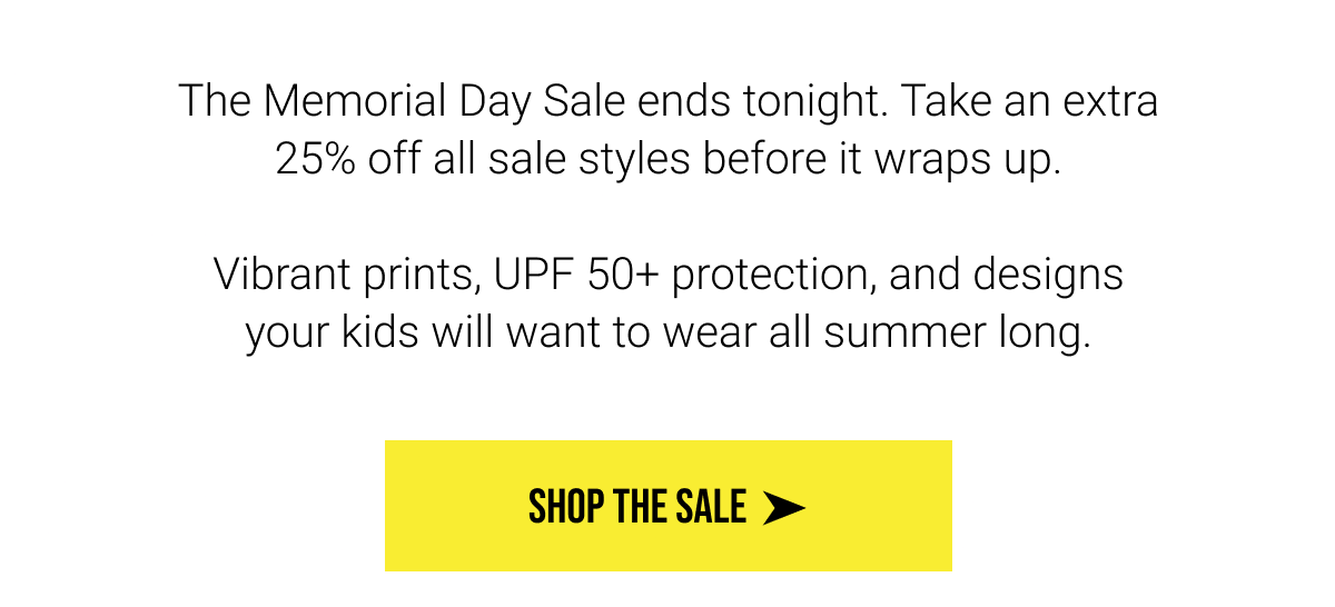 Shade Critters | The Memorial Day Sale ends tonight. Take an extra 25% off all sale styles before it wraps up.  Vibrant prints, UPF 50+ protection, and designs your kids will want to wear all summer long. [Shop The Sale]