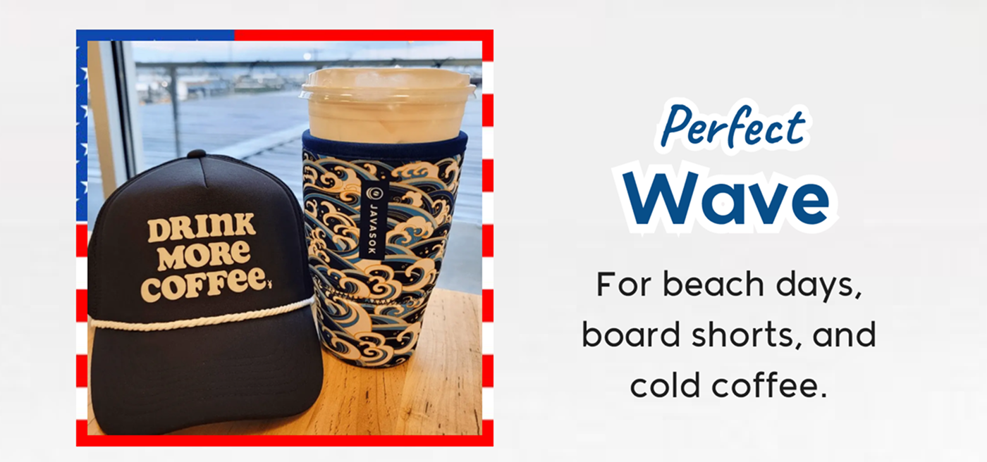 Patterned tumbler and “Drink More Coffee” cap displayed on a table beside an iced coffee drink.